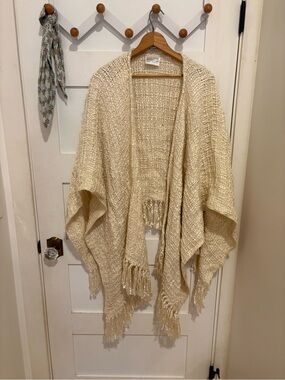 Heirlooms Laguna Beach Cozy Cream Knit Poncho with Fringe